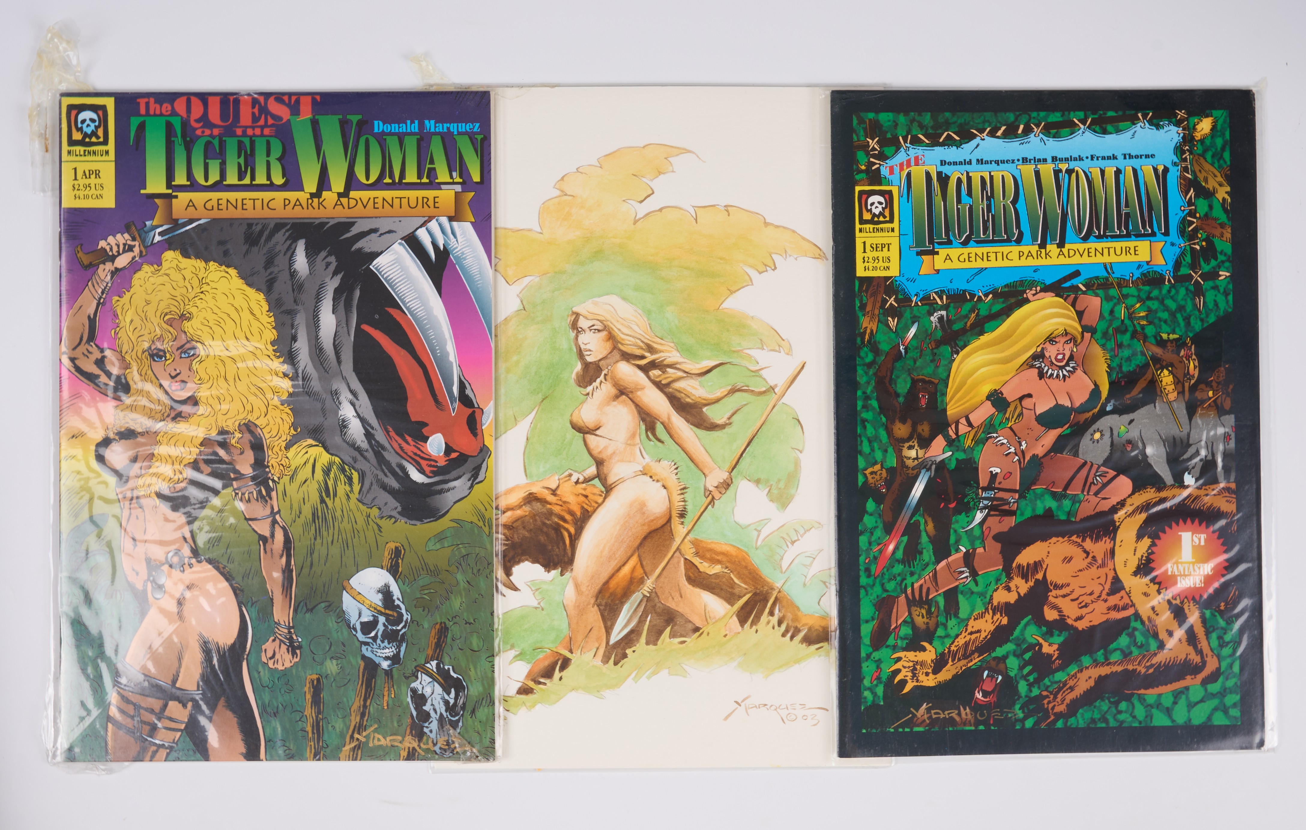 Donald Marquez Tiger Woman Pencil Artwork and Two Signed Comics (Millennium, 1994-95) Total 3