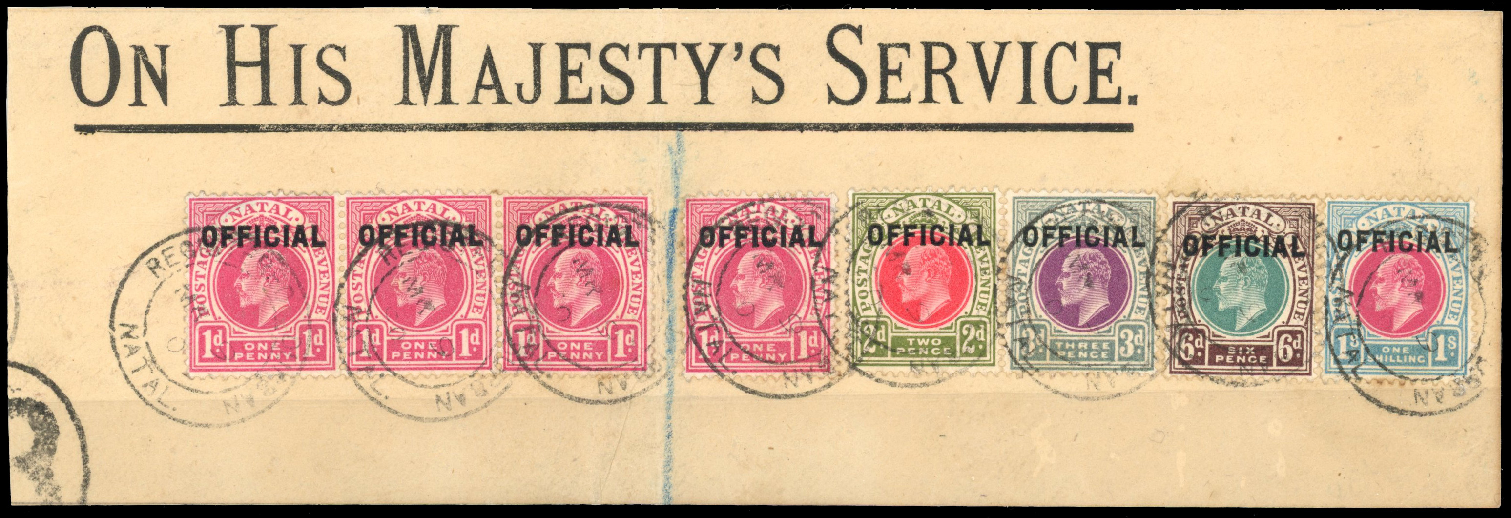 Natal SG O2-6 1904 Officials 1d to 1s on OHMS piece