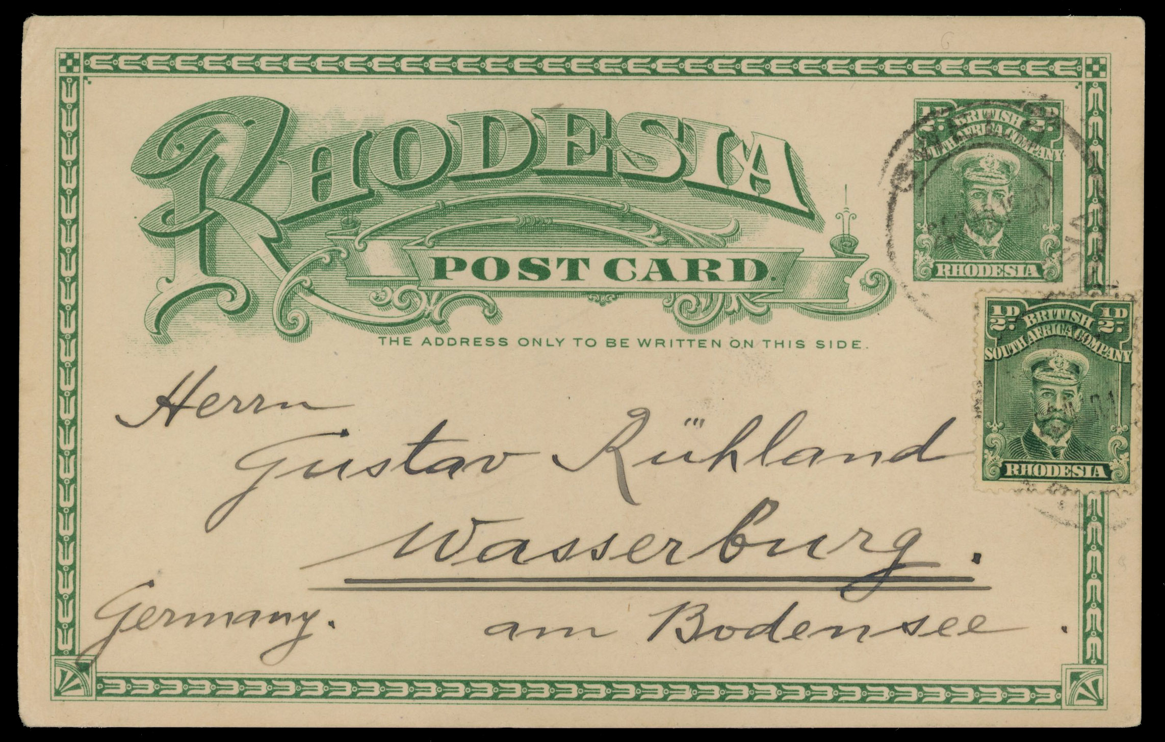 Rhodesia 1920 postal stationery card to Germany, uprated with ½d