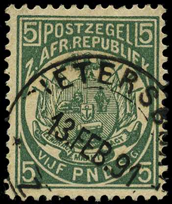 1885-93 £5 deep green, perf 12½, neatly tied...