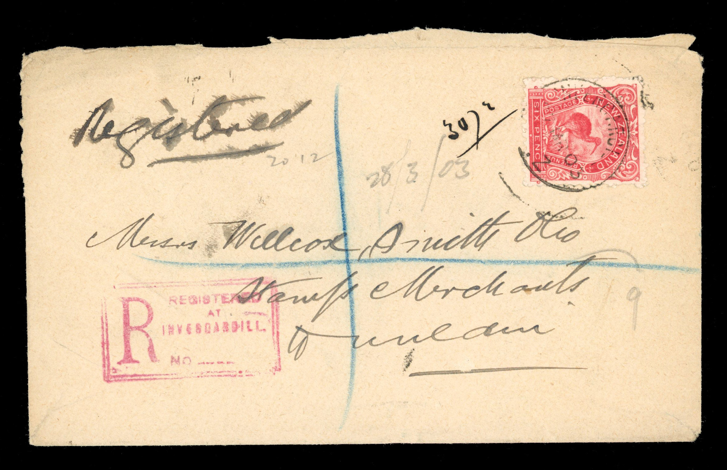 New Zealand 1903 registered cover to Dunedin bearing 1902-07 6d ‘kiwi' rose-red tied by ‘INVERCARGILL/27 MR 03/N.Z.’ cds