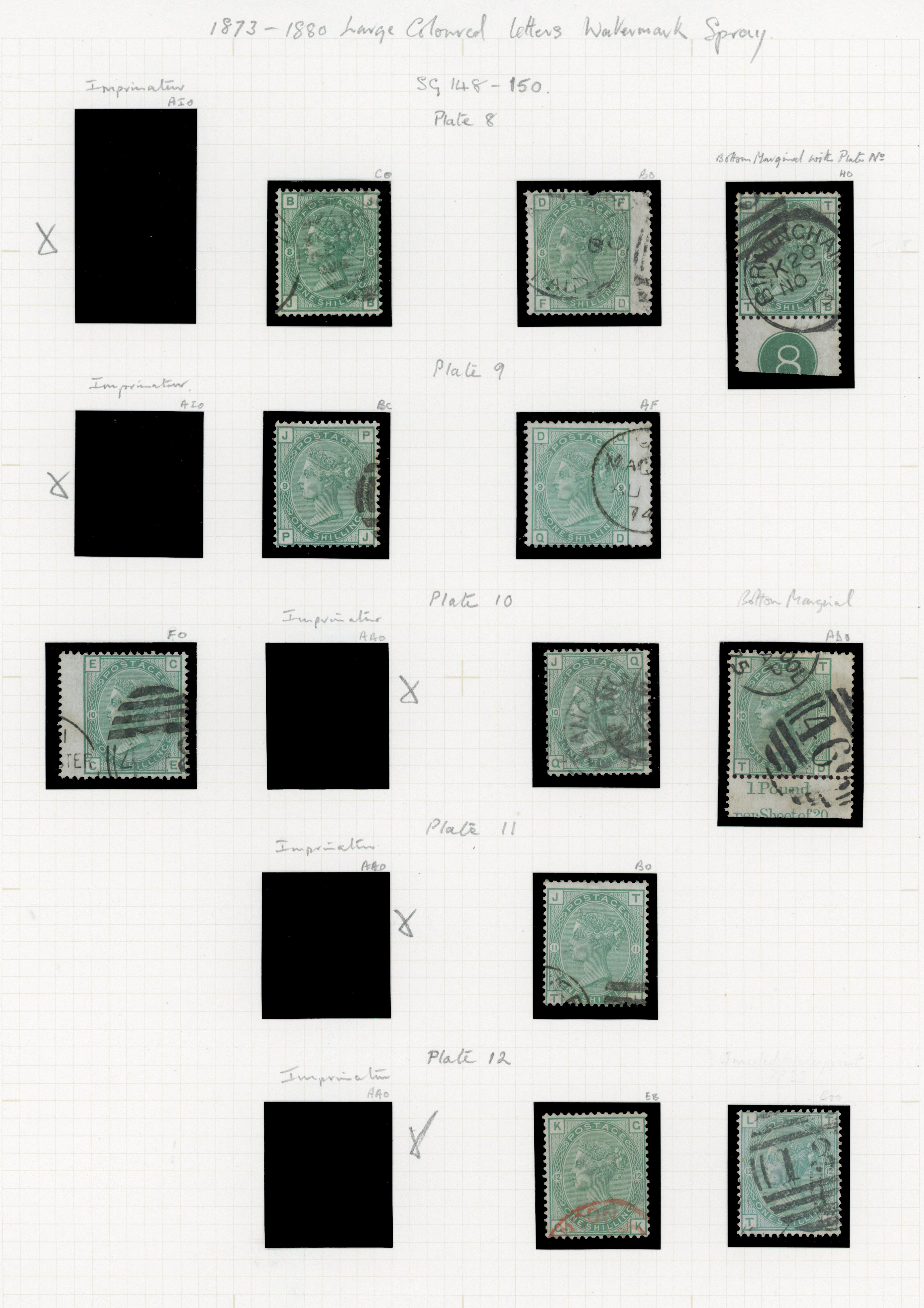 1873 1s Green Pl.8-13 (SG148/150, Wmk. Spray). A fine group of fourteen used