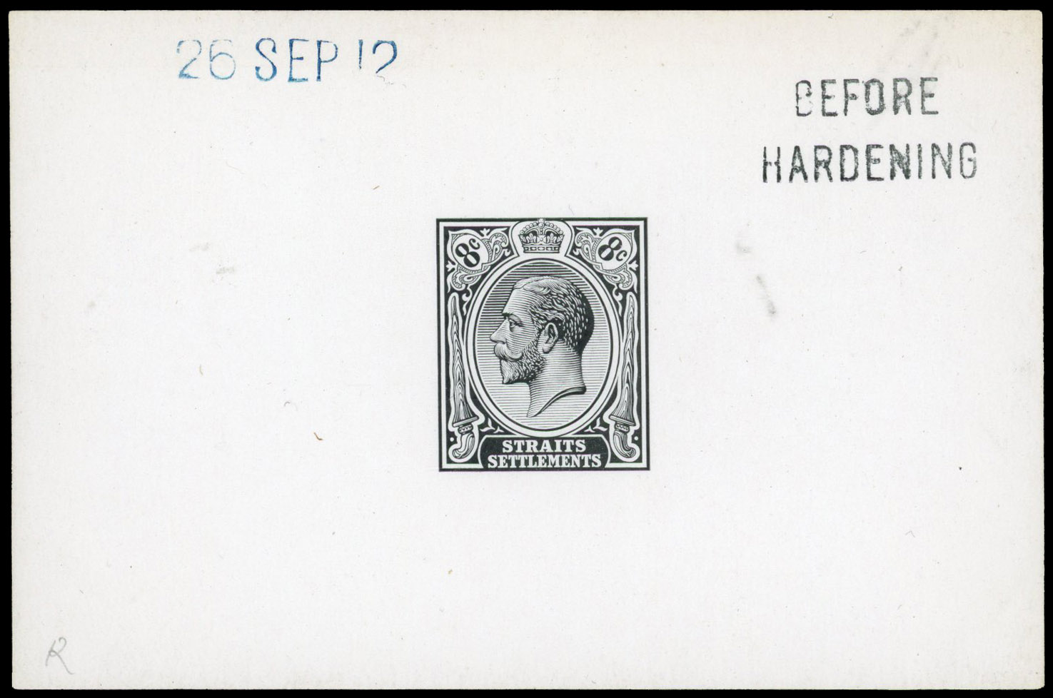 Straits Settlements 1912 8c die proof in black BEFORE HARDENING