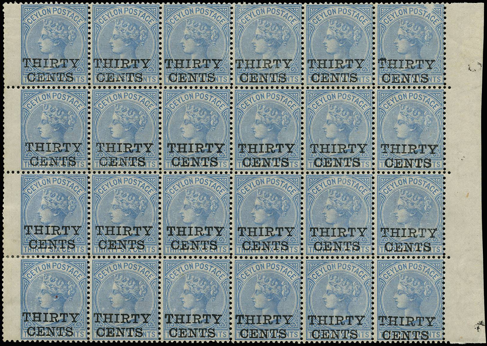 CEYLON SG 169 1885 30c ON 36c BLOCK OF 24 O.G.