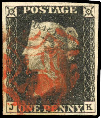 1840 1d black, Plate 4 (JK), good to large margins, cancelled by red Maltese Cross. SG 2