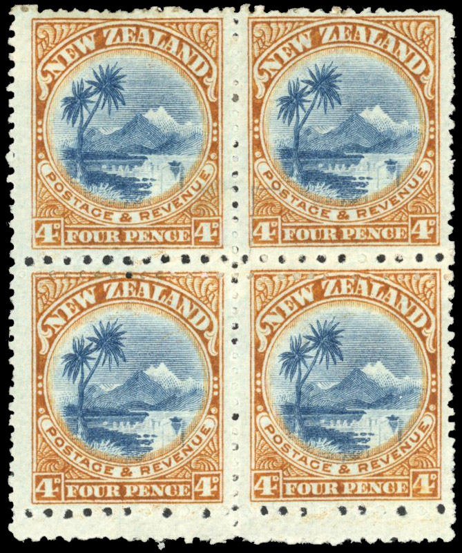 New Zealand SG 342a 1904 4d mixed perfs block mint