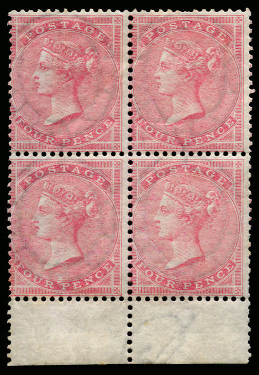1856 4d Carmine on thin ordinary white paper (Wmk. Medium Garter) Unused block four. SG64