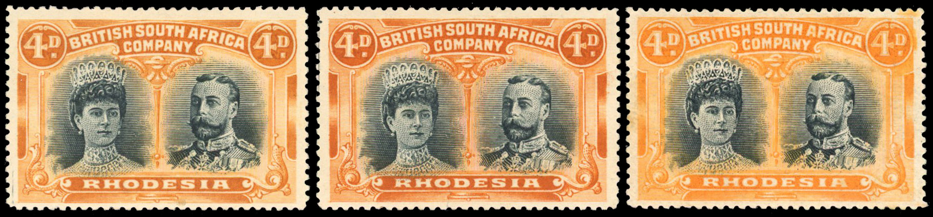 4d perf 15, three examples with plate markings or flaws mint