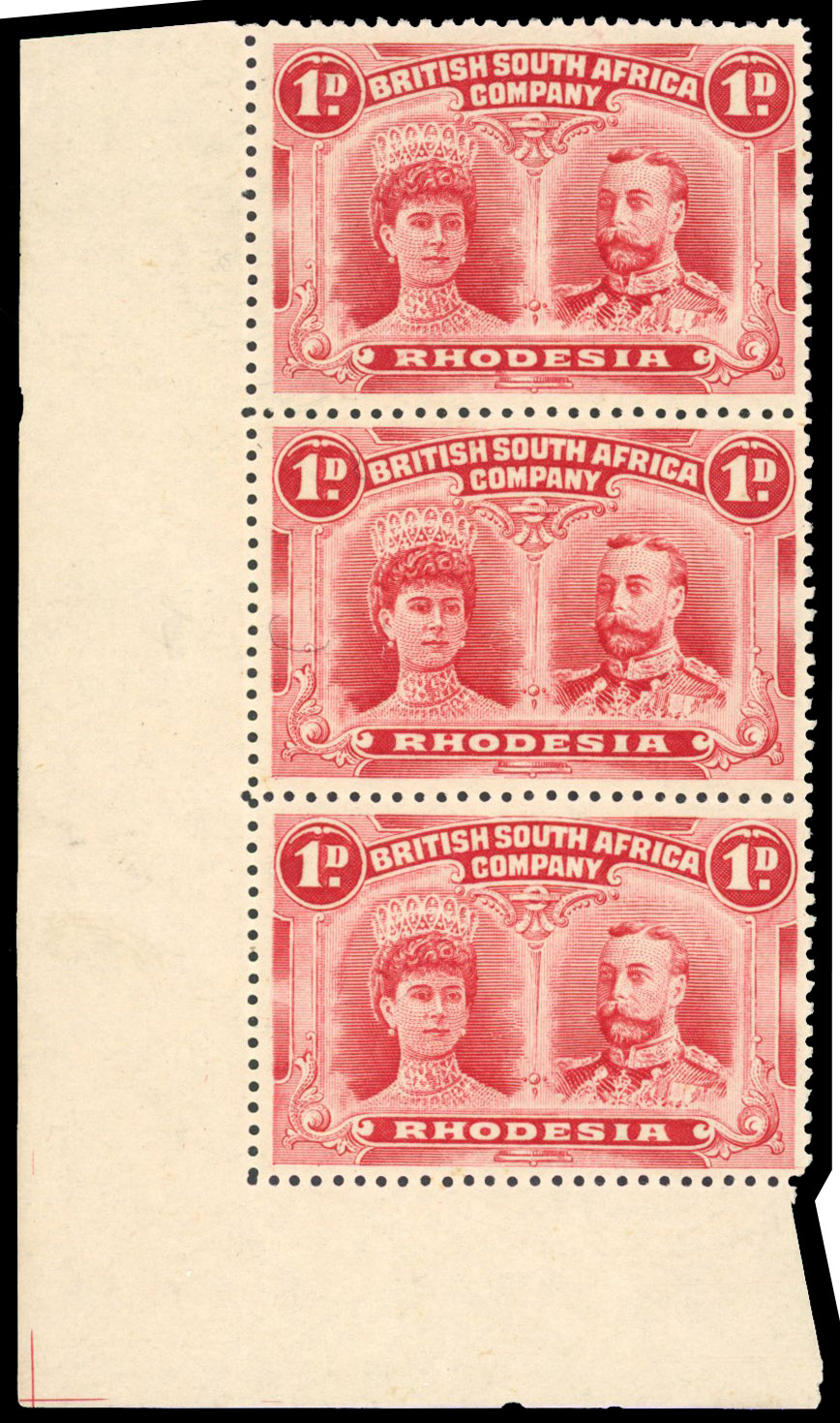 Rhodesia 1910-13 1d carmine-red perf 14 with OD flaw