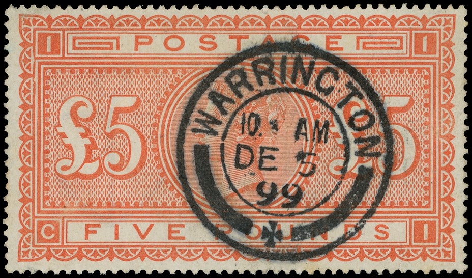 1867-83 Wmk Anchor £5 orange (CI) on white paper, used cancelled by crisp Warrington...