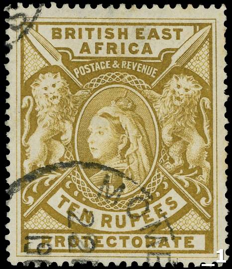 British East Africa 1897 10r yellow-bistre, fine used with part of two Mombasa CDSs.
