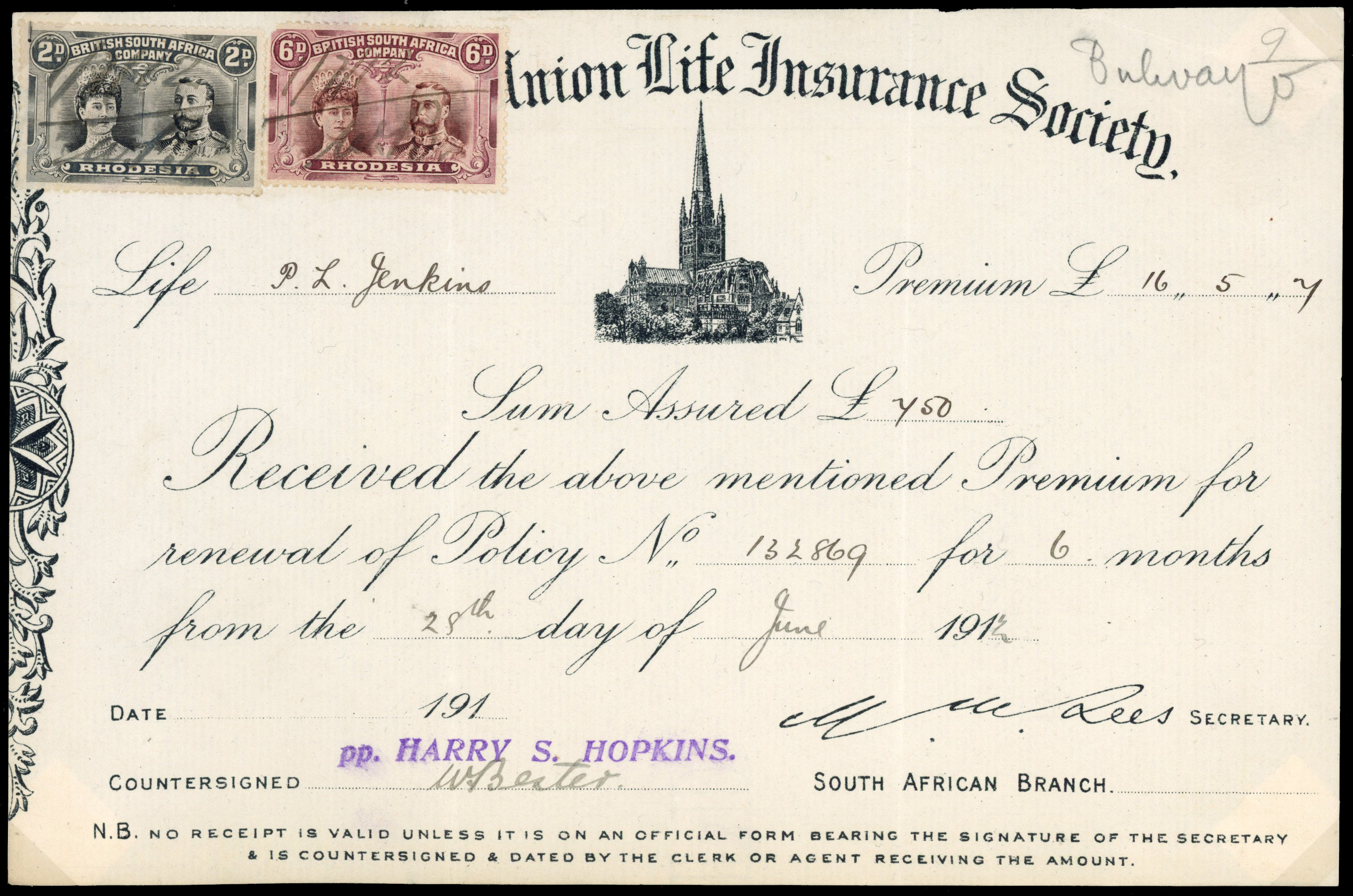 Rhodesia 1912 Insurance premium receipt with 2d, 6d Double Heads