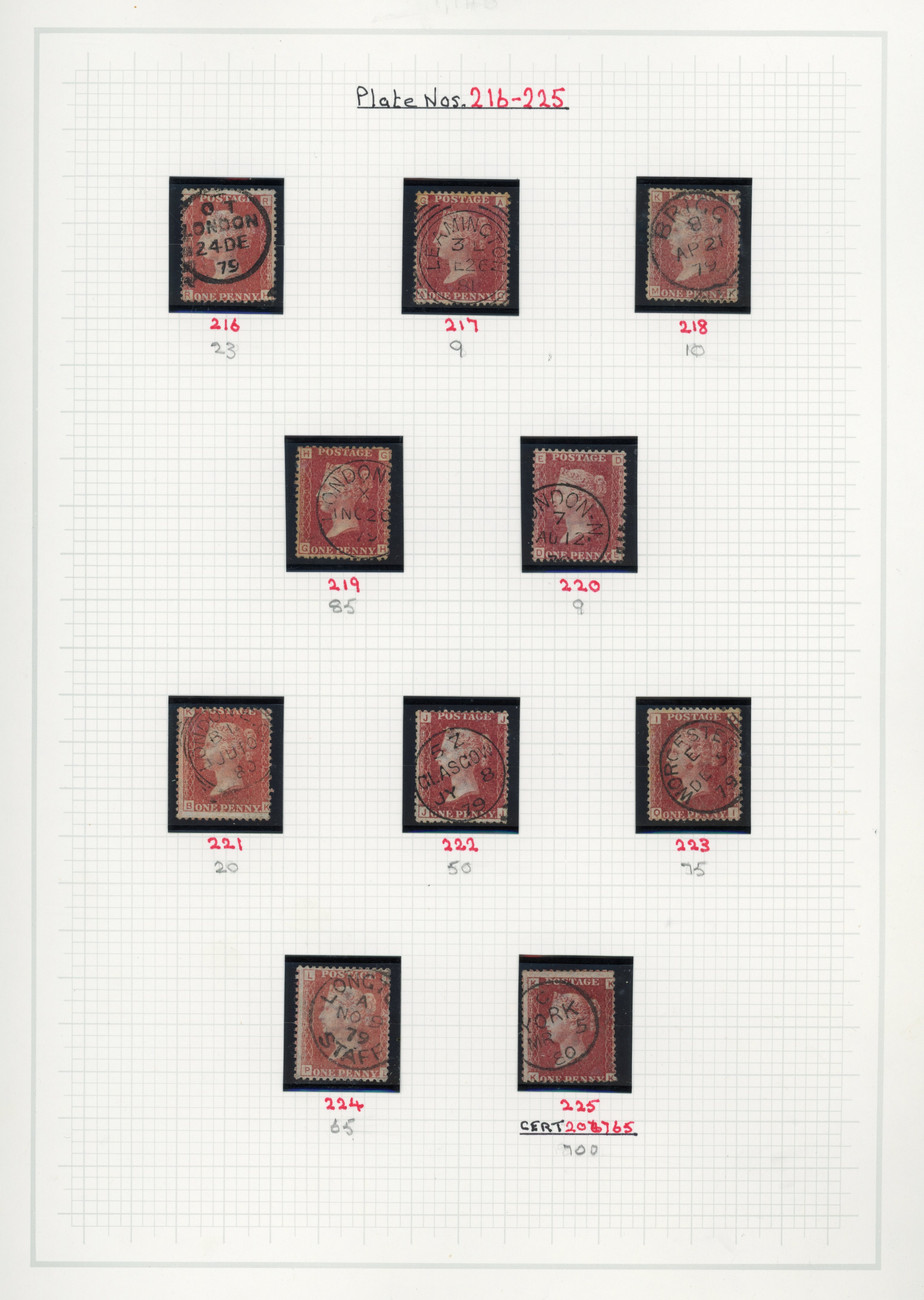 GB 1864-79 1d red Plates 71-225 cds used collection, SG 43/44