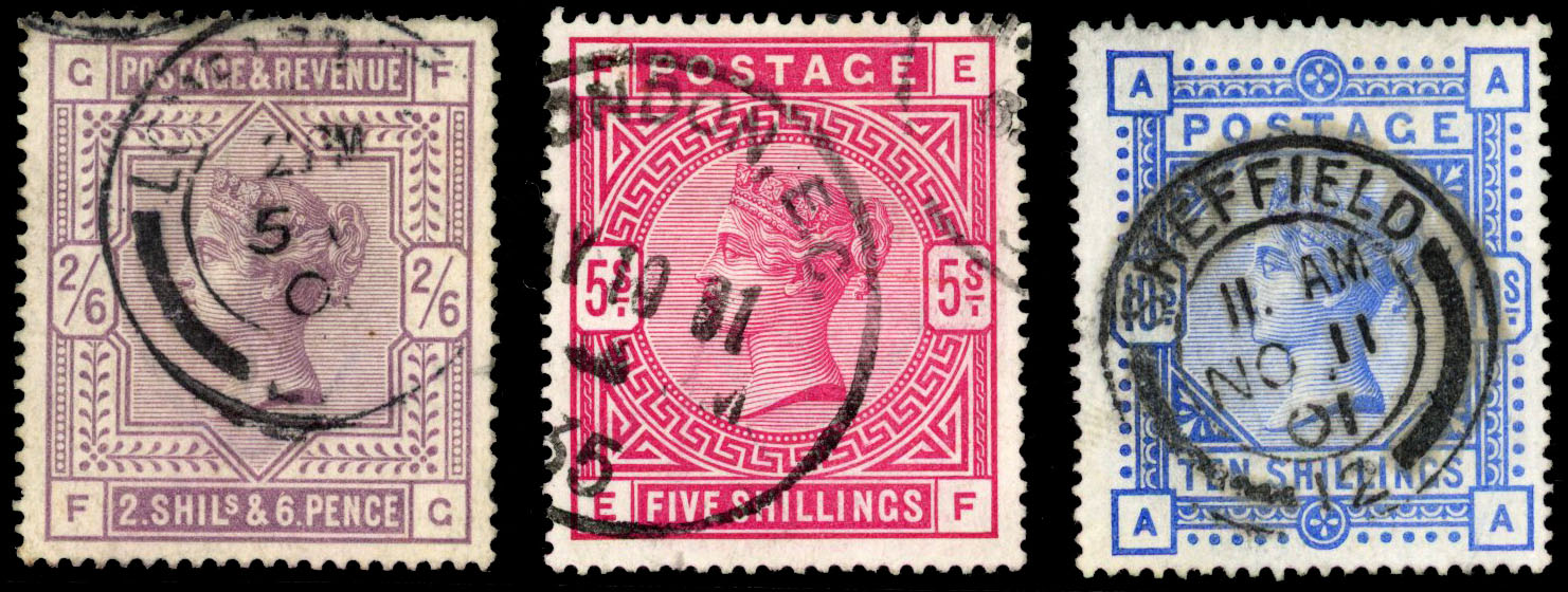 1883 2s6d lilac, 5s. rose and 10s. ultramarine all with cds cancels, fine used SG 178/183