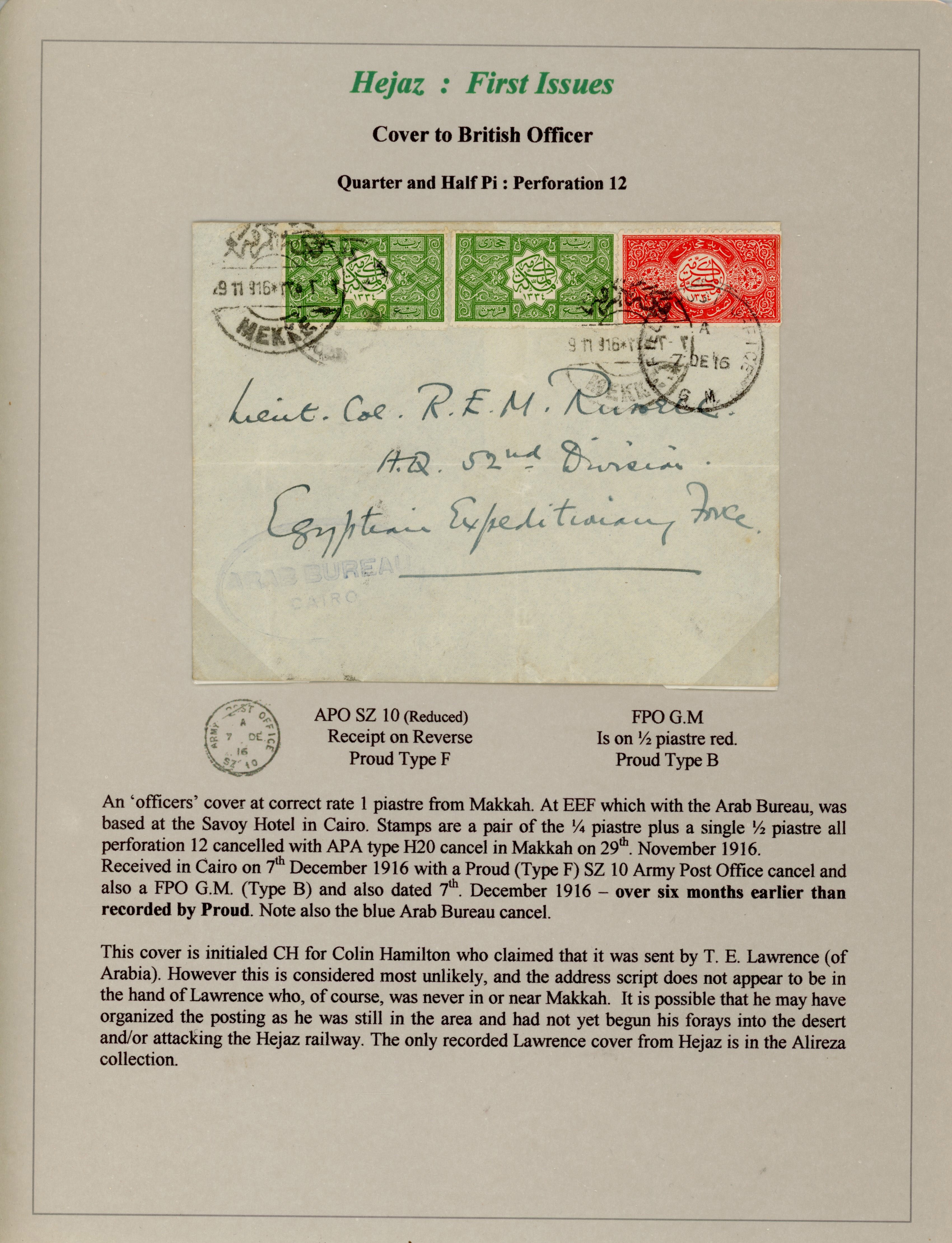 Saudi 1916 (7 DE) early cover to Egypt