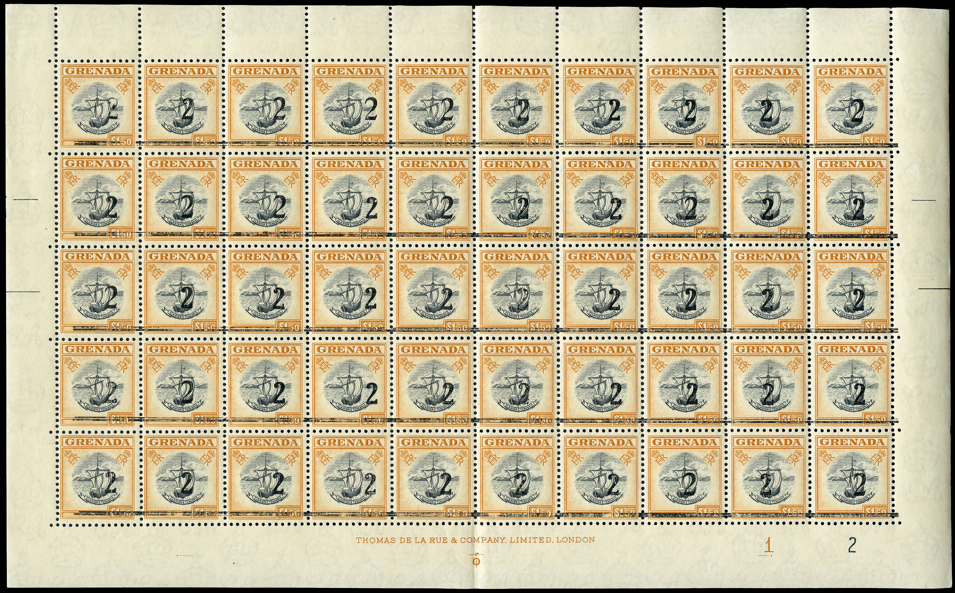GRENADA 1965  SG 203 var Revenue '2' on $1.50 sheet unmounted mint