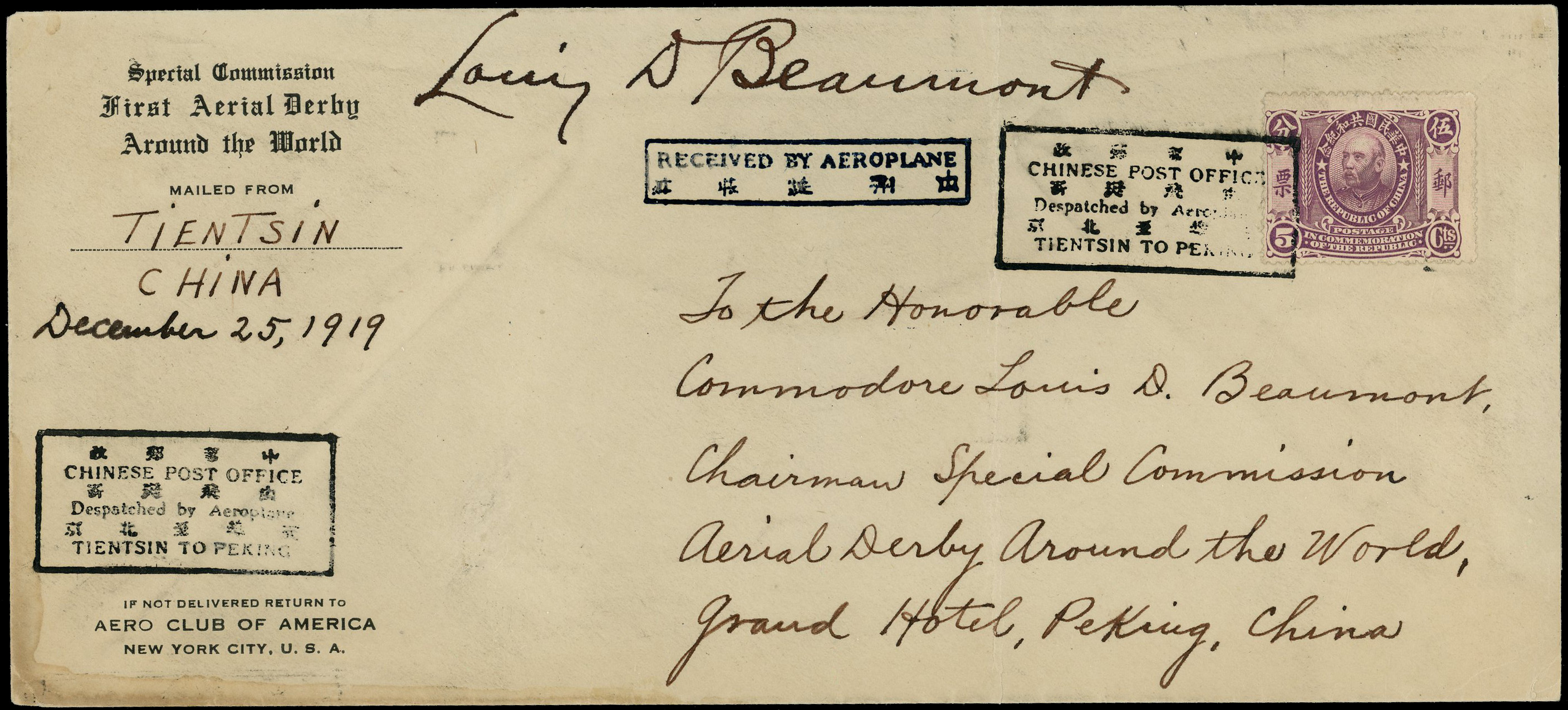 China 1919 (25 December) First Aerial Derby Around the World envelope addressed to Commodore Louis D. Beaumont