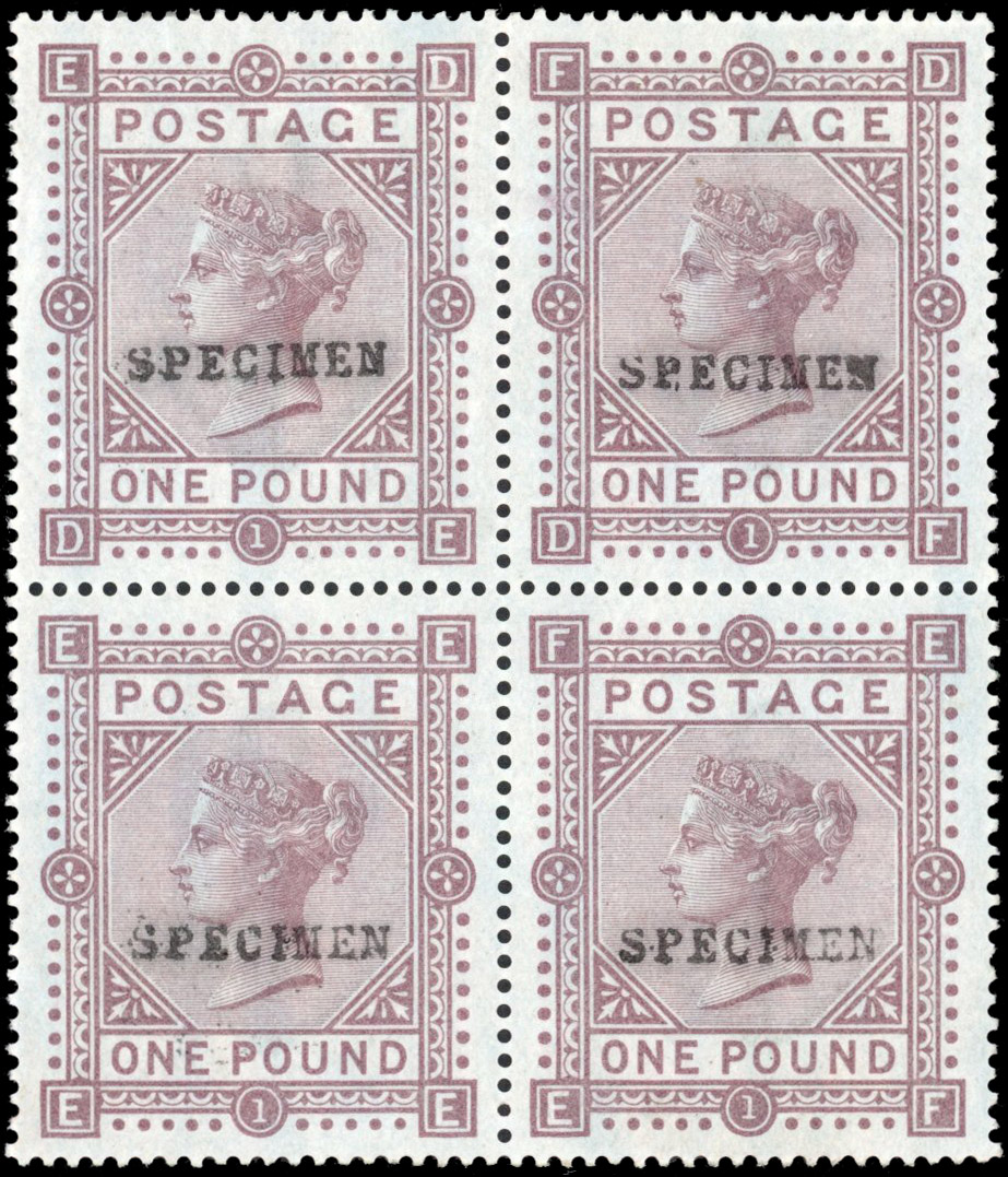 Great Britain 1867-83 £1 Brown-lilac blued paper specimen block of 4, Spec. J127t, SG 132s