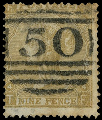 1865 9d Straw Pl.4 (Wmk. Emblems). Fine used example lettered TF showing error of watermark W20b ‘Three roses and a this…
