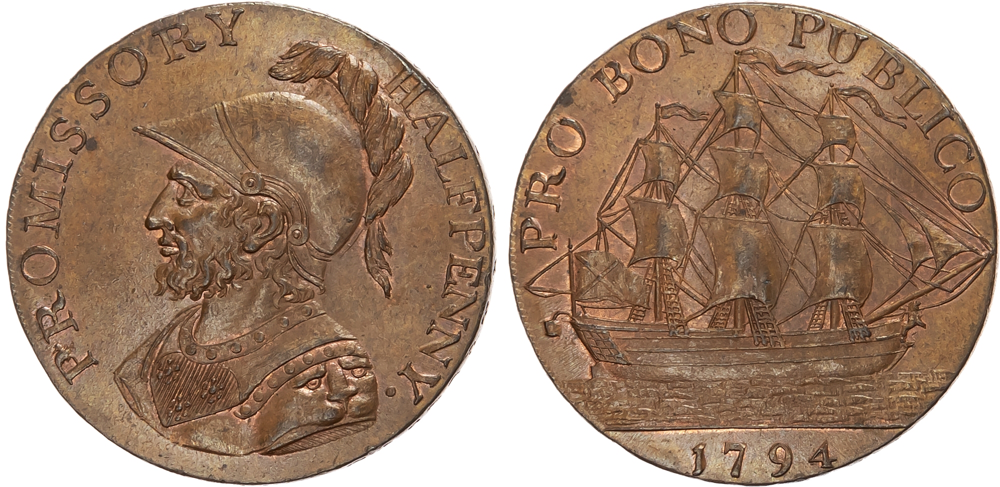 Hants . Gospor t, J Jordan (draper) Halfpenny 1794, Helmeted bust of Sir Bevois left, rev. sailing ship, edge PAYABLE AT …