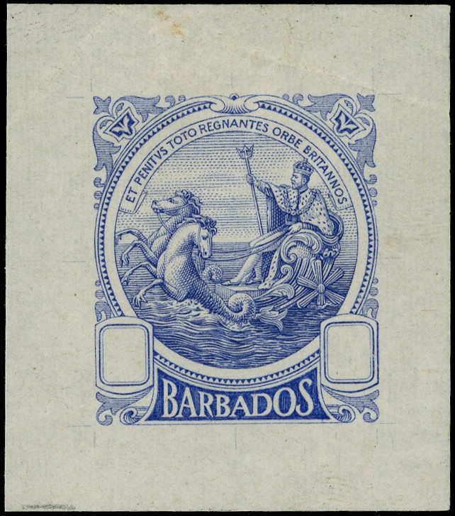 Barbados 1916/19 Master die proof in blue on thin wove paper (40x45mm) showing guide...