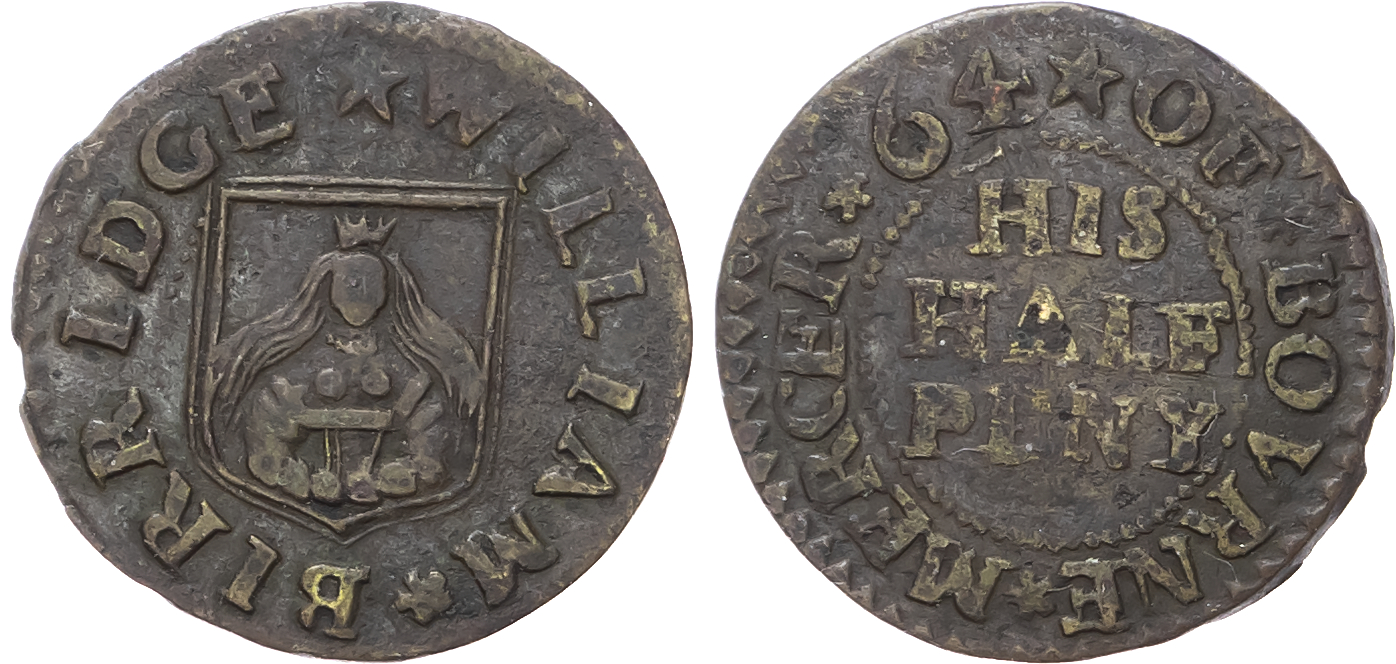 Lincolnshire, Bourne, William Birridge, Halfpenny [16]64, Mercers’ Arms. 1.98gm. (N 2917; BW. 39)