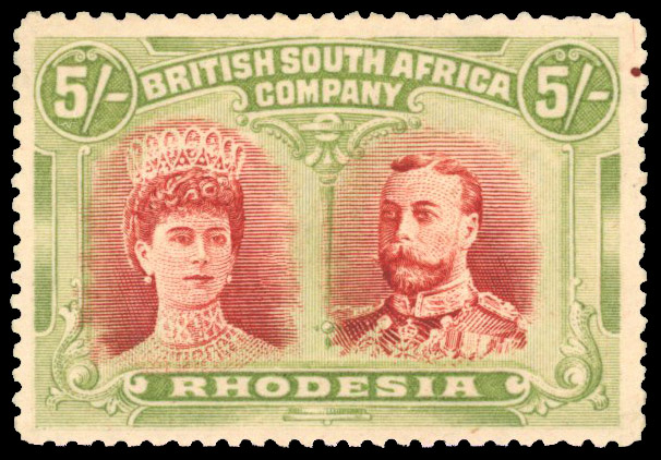 Rhodesia 1910-13 5s reddish lake-brown and olive-green perf 14