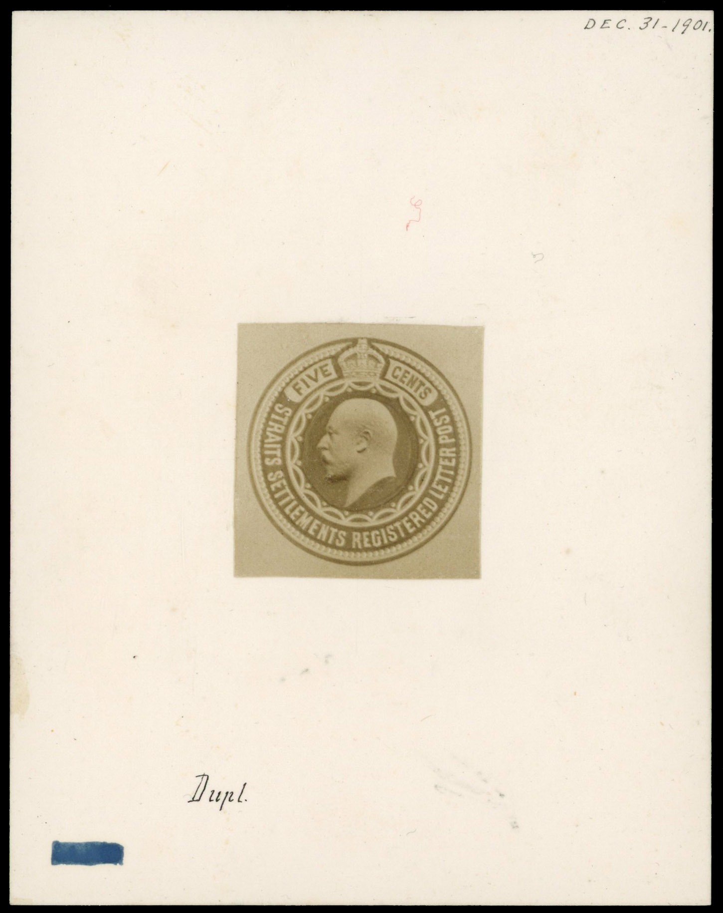 Straits Settlements 1901 KEVII 5c registered letter photographic proof