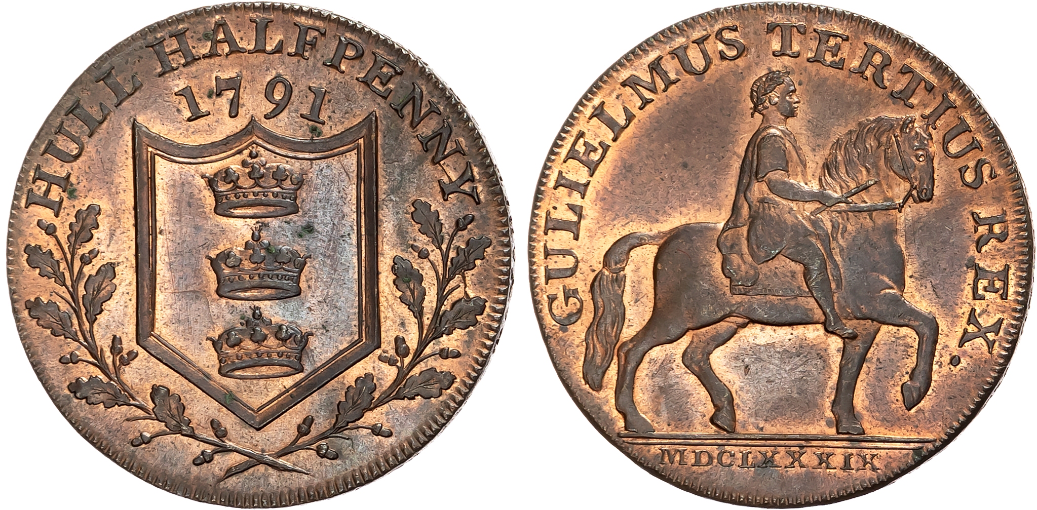 Yorks. Hull , Jonathan Garton Halfpenny 1791, Equestrian statue of William III, rev. Arms of Hull in an oaken wreath, ed …