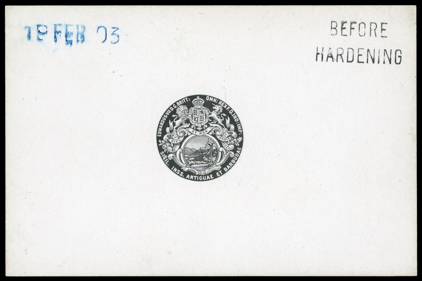 1902 De La Rue master die proof for the badge vignette, in black on galzed white card, endorsed "BEFORE/HARDEblack and dated