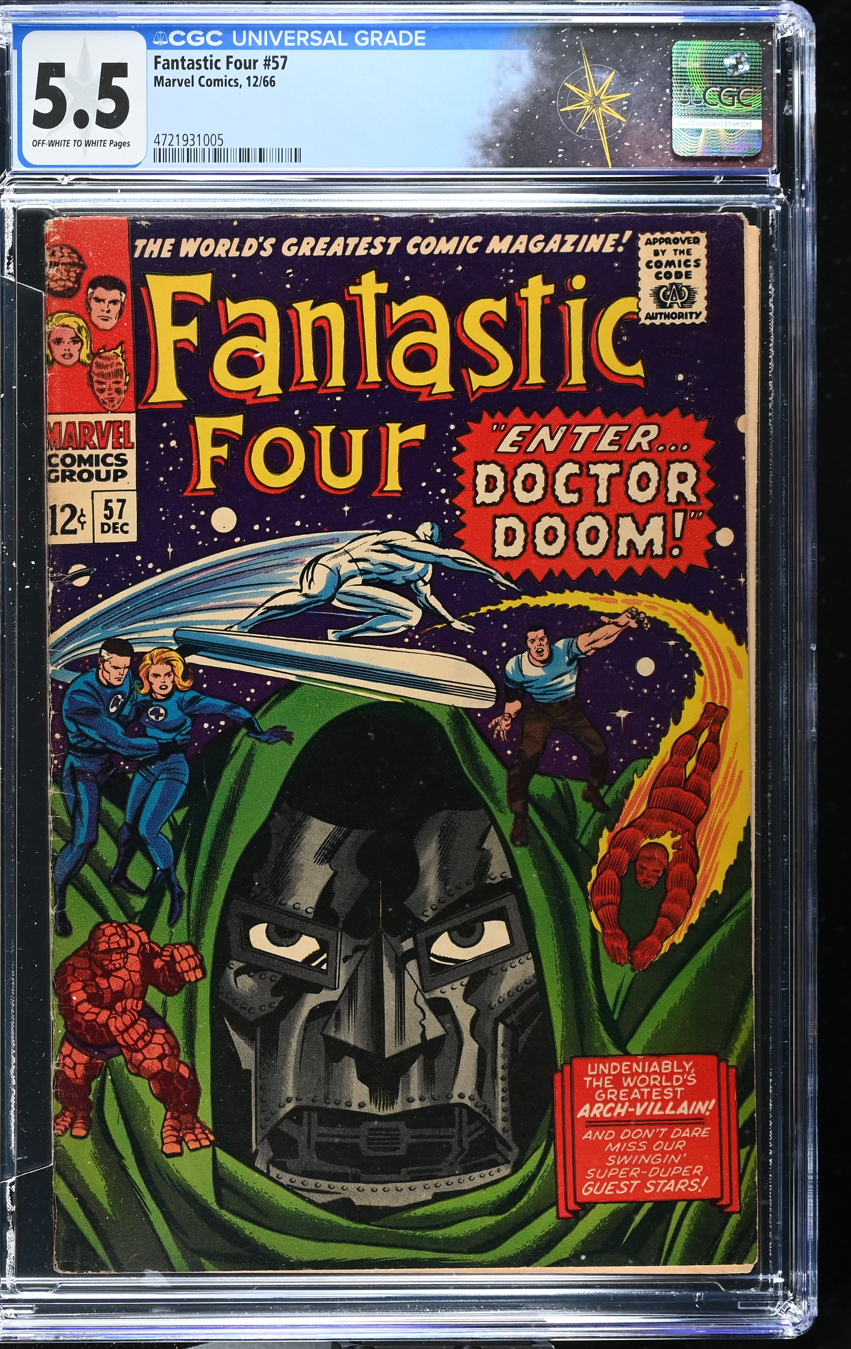 Fantastic Four #57 CGC 5.5 Iconic Doom Cover by Jack Kirby (Marvel Comics, 1966) Off-White to White Pages