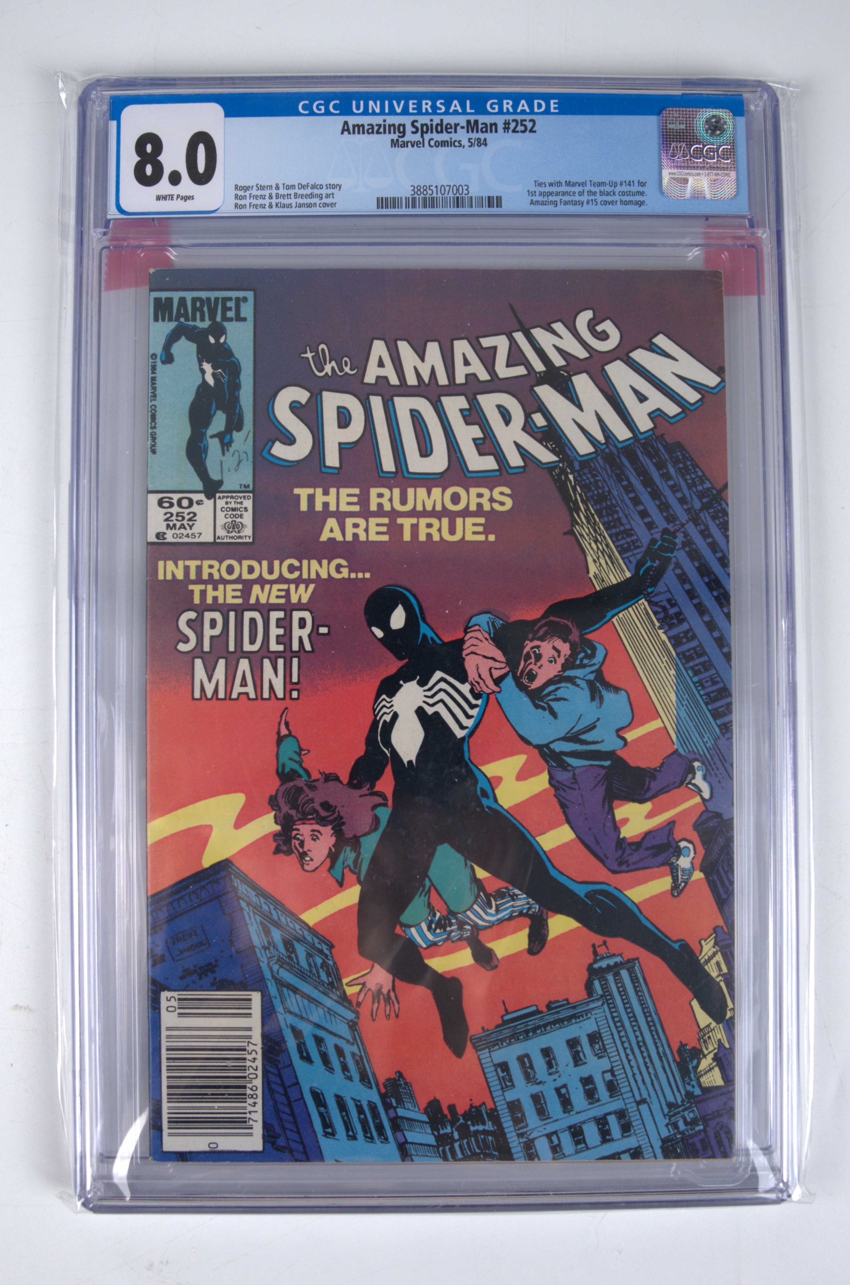 Amazing Spider-Man #252 CGC 8.0 1st Appearance Black Costume (Marvel Comics, 1984) White Pages