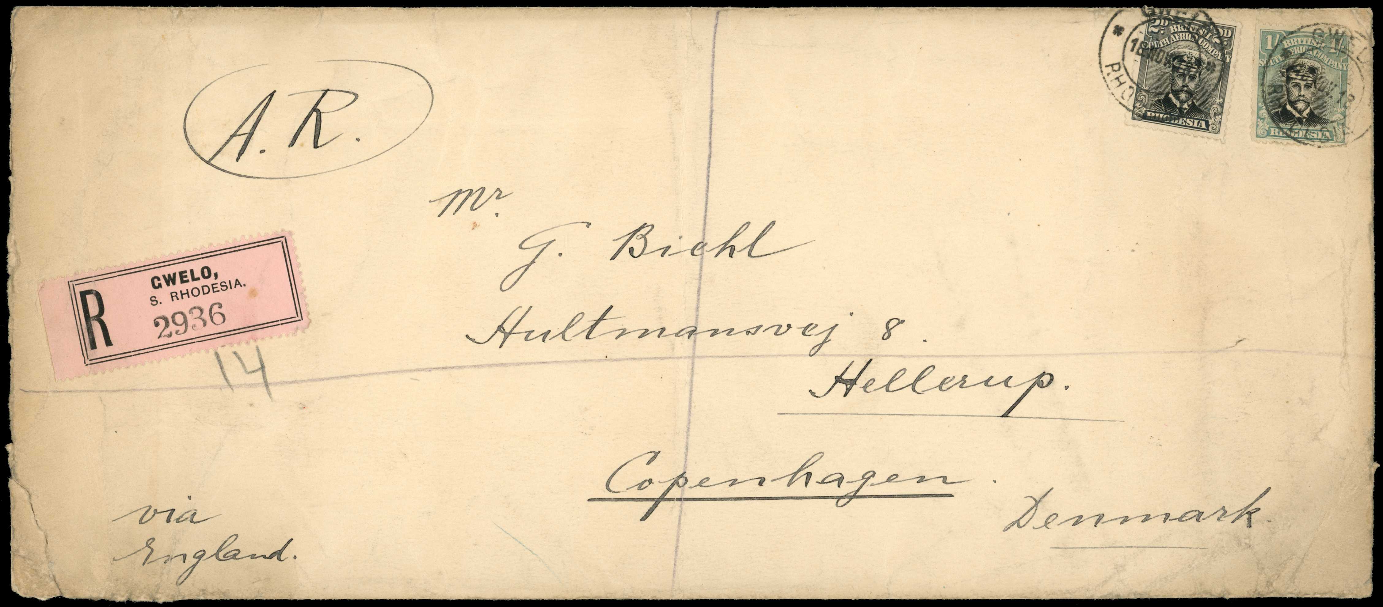 Usages. 282 x 120mm envelope, registered...