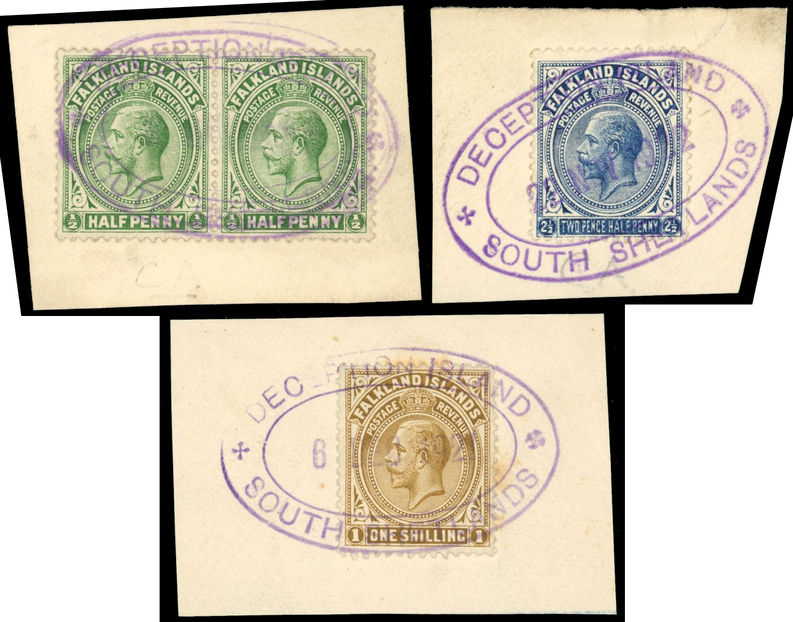 Falkland Islands Dependencies SG Z110, 113, 115a 1912 ½d pair, 2½d and 1s Deception Island cancels