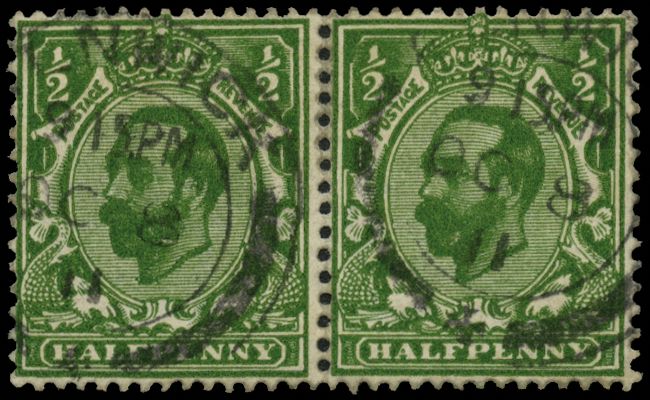 1911 ½d very deep green,(Die 1b) horizontal pair neatly cancelled by light cds's (SG 325var/Spec N2(7)) scarce multiple of...