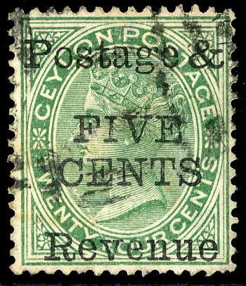Ceylon 5c on 24c green wmk CA forgery 