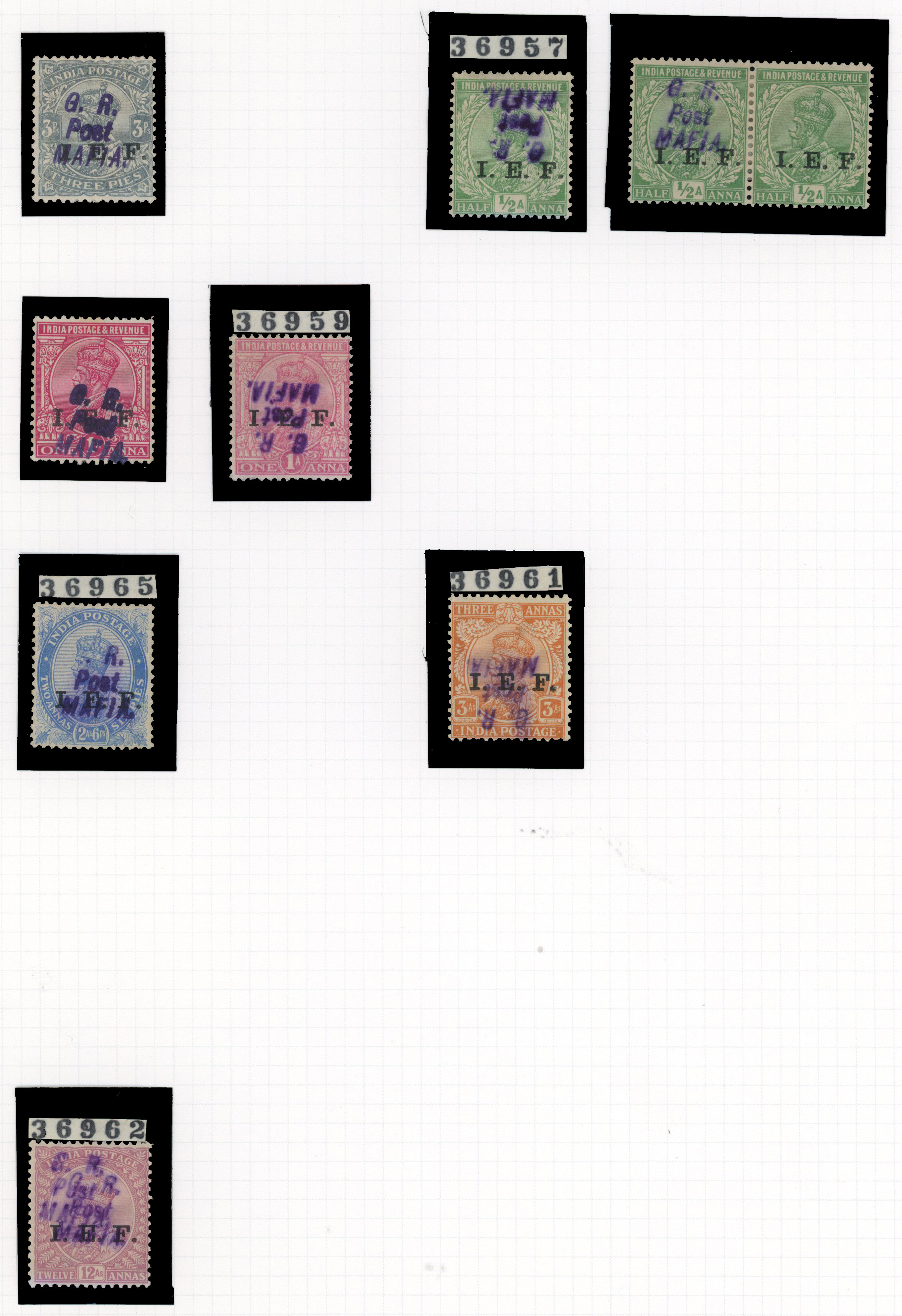 1916 (Oct) Indian stamps overprinted ‘I.E.F.’ and handstamped in purple (all with 1959 BPA Certificates) comprising unused 