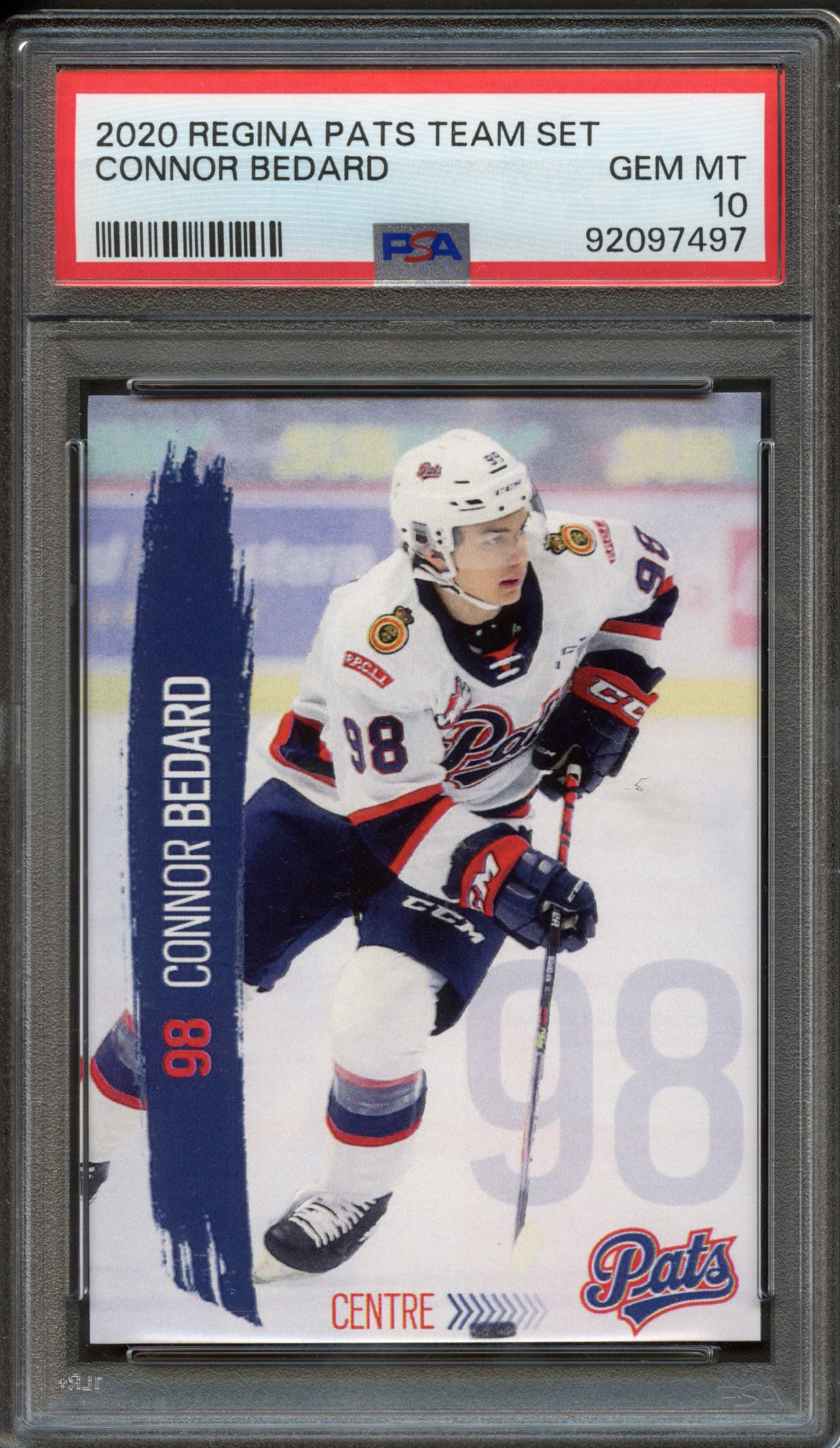 <p>Connor Bedard 2020 Regina Pats Team Set, graded and authenticated by PSA scoring a Gem Mint 10!</p><p>About Connor Bedard:</p><p>Connor Bedard has made waves in the NHL scene. With a Calder Trophy-winning rookie season for the Chicago Blackhawks, Bedard is one of the most exciting players to date. Known for his lethal shot, elite hockey IQ, and highlight-reel plays, Bedard has already notched 128 points in his first 150 games and made history with a five-point game at just 18 years old. For collectors, Bedard’s early cards capture the start of what is rapidly becoming an exceptional career.</p>
