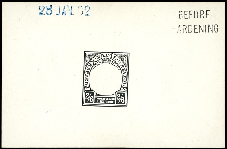 1902 Die Proof of 2/6d Duty Plate in black on glazed card 93 x 60mm, dated 28 JAN. 02 in blue and marked BEFORE HARDENING. ...