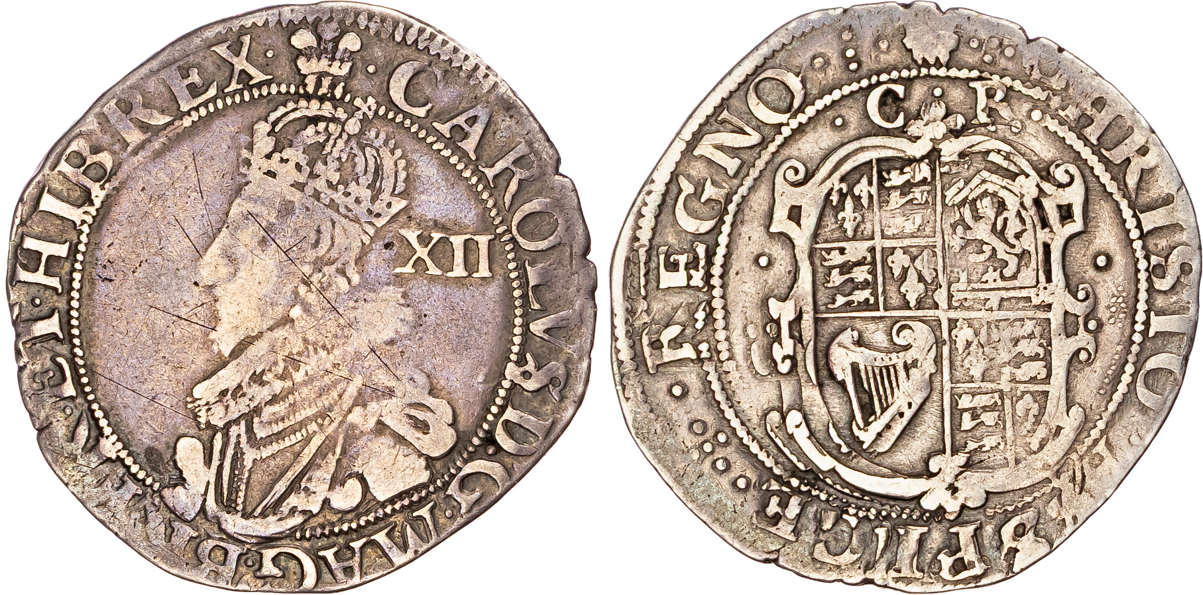 Charles I (1625-1649), AR Shilling, Group C, type 2a, Tower mint (under King), mm. plume (1630-1).