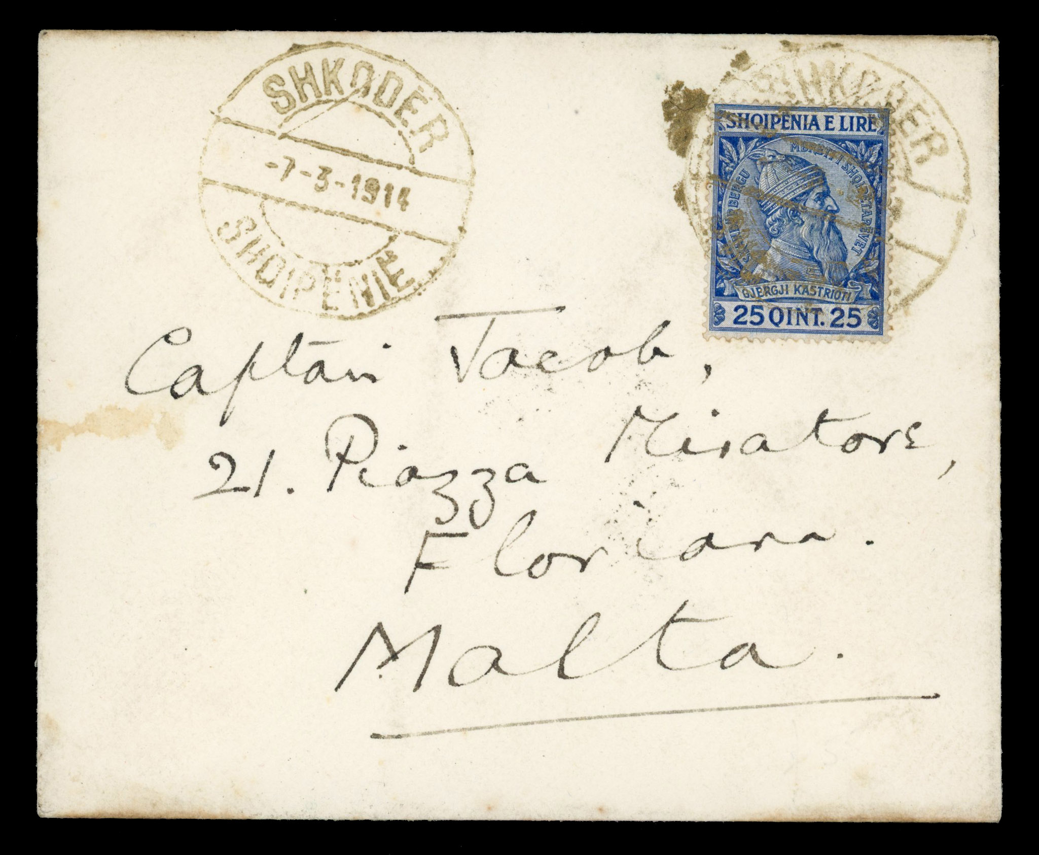 Albania 1914 25q cover with gold Shkoder date stamps