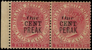 1889 1c on 2c pale rose o.g. pair with sheet margin at left, surcharge Type 32, R6/1 with PREAK error. Gum very toned but...