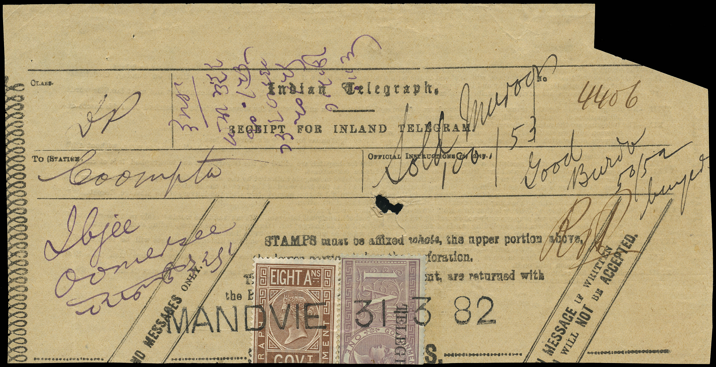 INDIA 1882 SG T21, T7 Telegraph