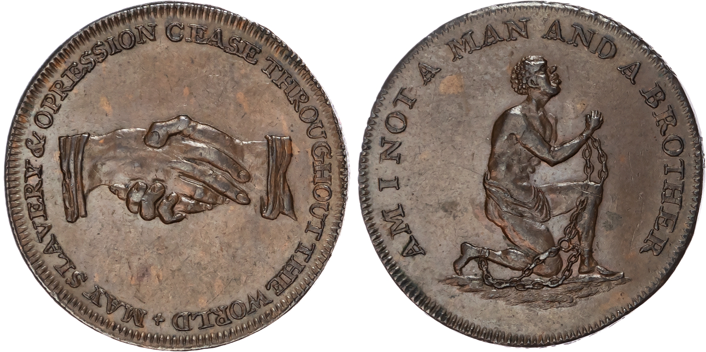 London, Political Series , William Lutwyche for an Anti-Slavery Society Halfpenny undated, Shackled African sl…