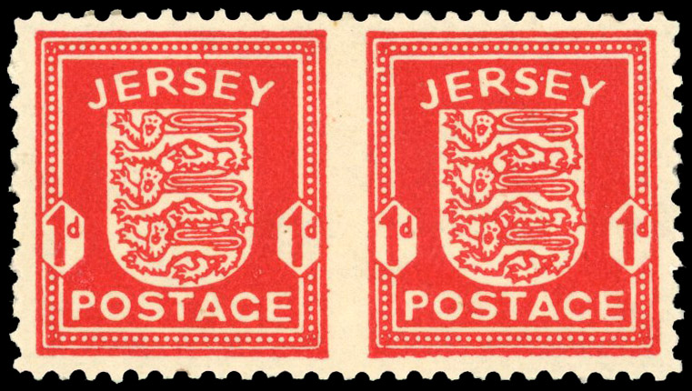 1941 Jersey 1d Scarlet. Unused o.g. horizontal pair, imperforate between