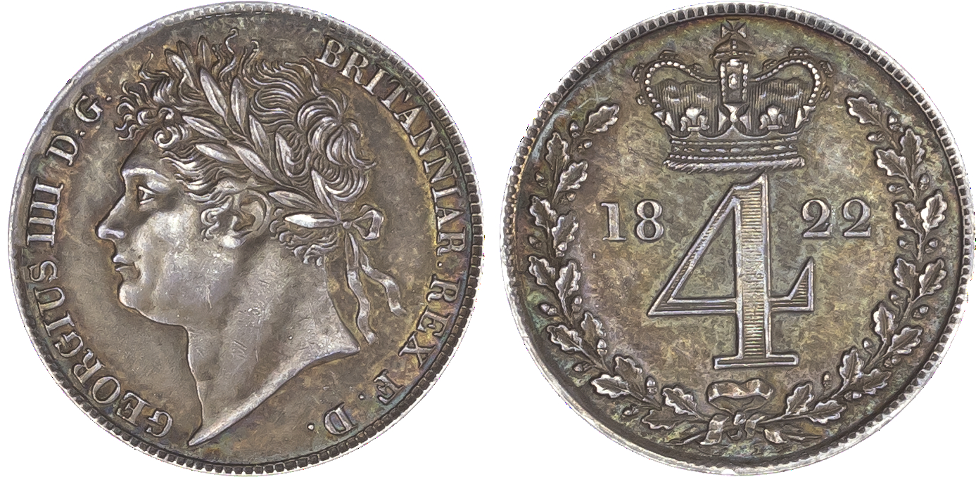 George IV (1820-30), Maundy Set, 1822, Fourpence, Threepence, Twopence, Penny, laureate head left, toothed borders, legend