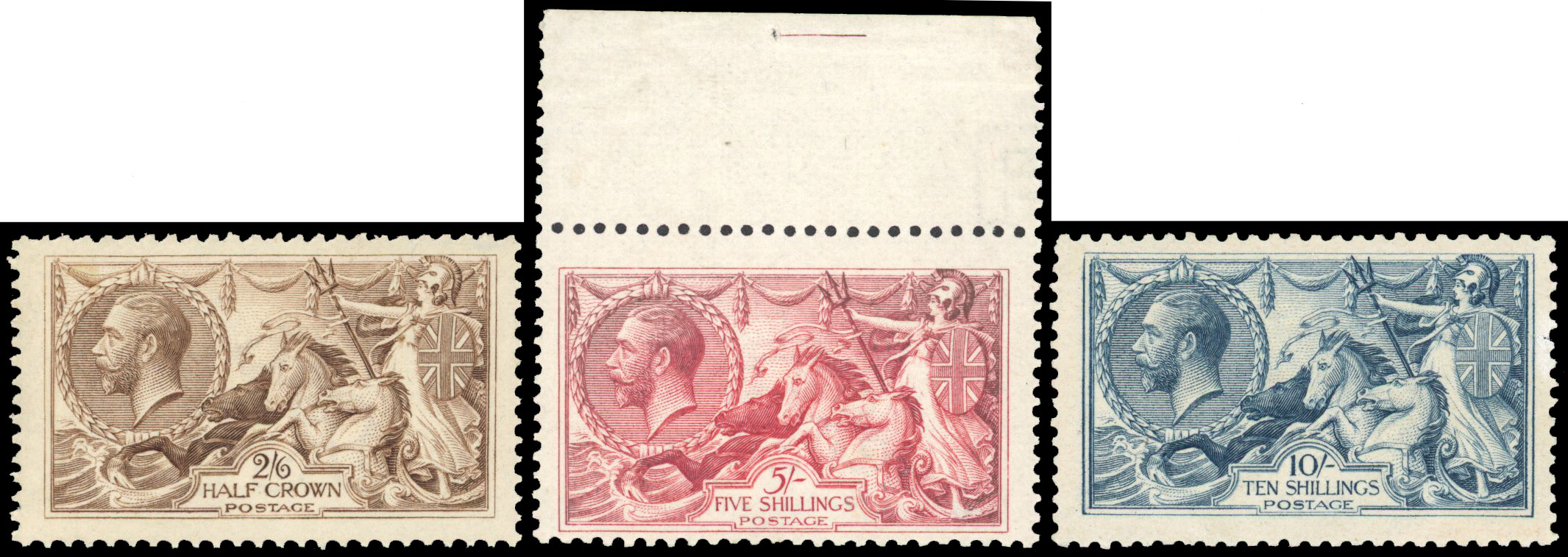 1918-19 2s6d chocolate-brown,  5s rose-red, top marginal example and 10s dull grey-blue, very fine o.g. SG 414, 416, 417