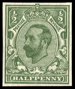 1911 ½d Green (Die 1b). Superb unmounted o.g. imperforate plate proof on watermarked multiple cypher paper. Scarce trial...