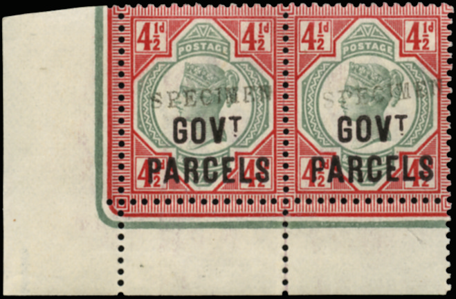 SGO71s 1892 4½d green and carmine (Govt. Parcels) "SPECIMEN"