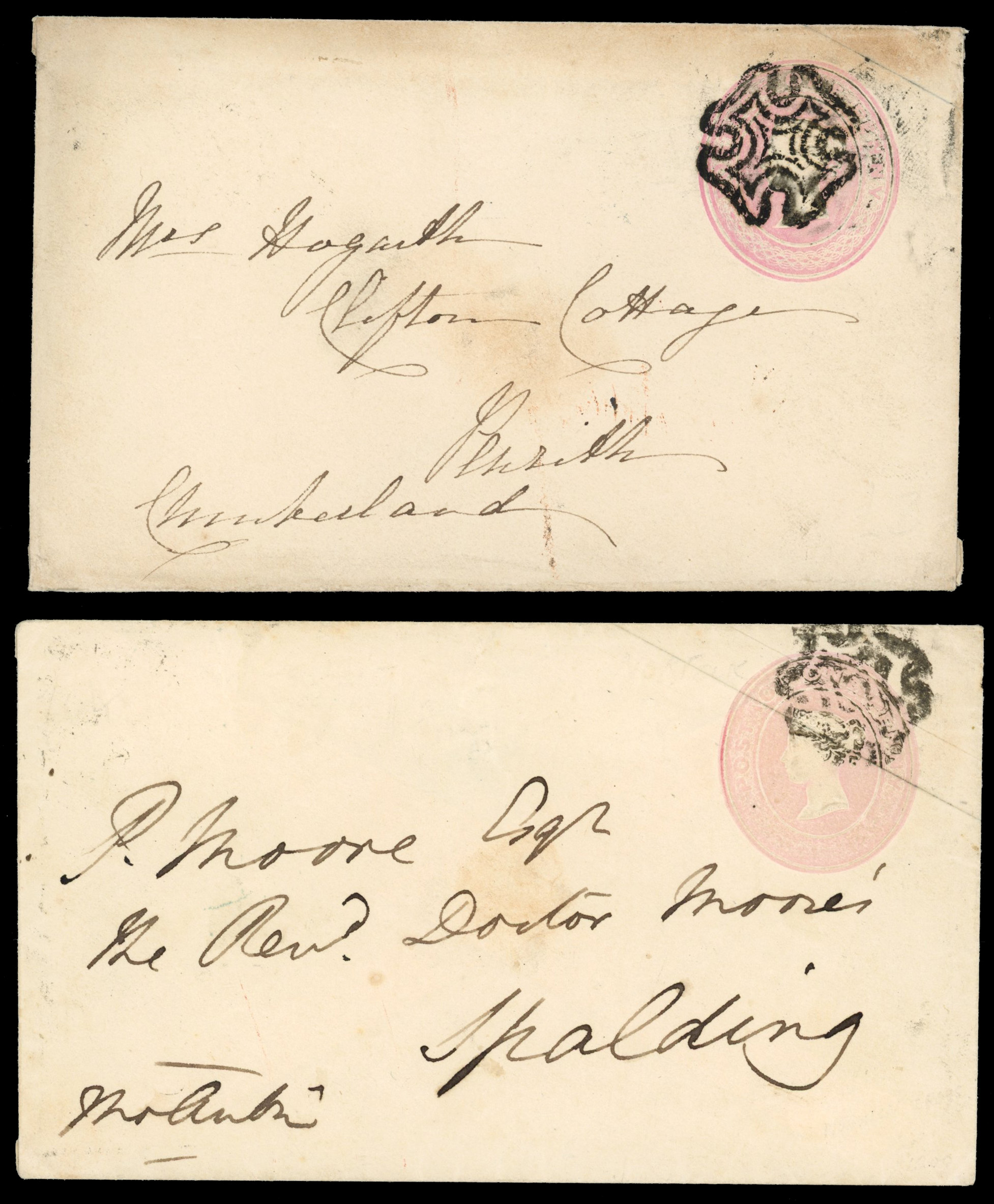 GB 1842 pair 1d postal stationery envelopes cancelled by distinctive Perth and Norwich Maltese Crosses